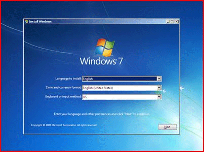 Windows 7 Setup Screen, Choose Language